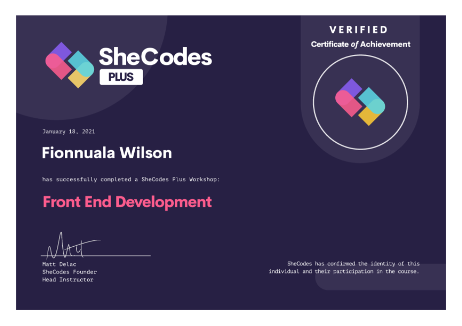 shecodes plus certificate